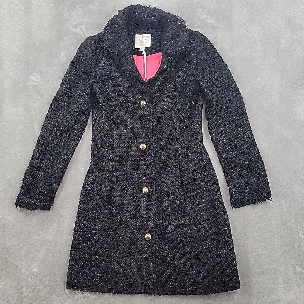 Sail To Sable Womens Coat Size XXS Sequin Tweed Black Jacket NEW Fringe Lined - Picture 2 of 16
